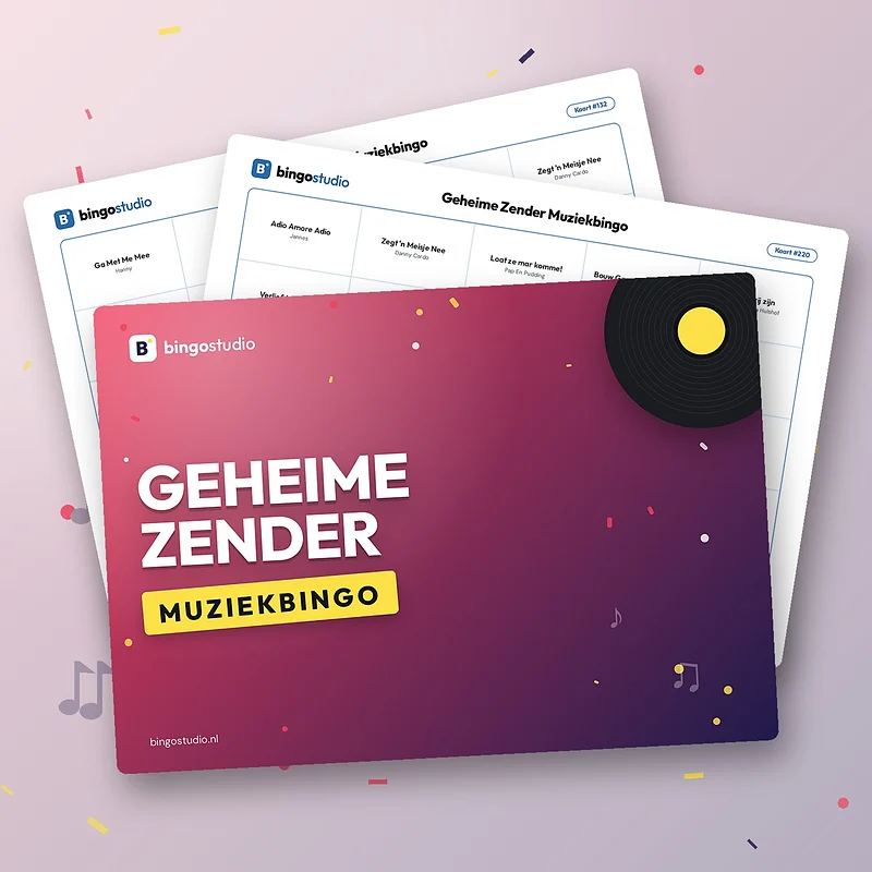 Geheime Zender Muziekbingo: voorblad en bingokaarten