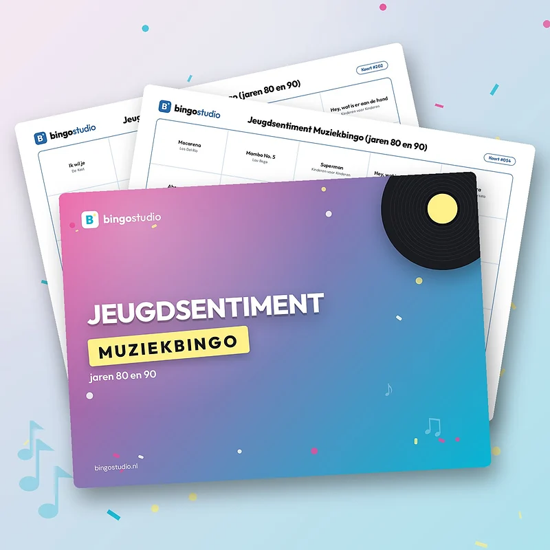 Jeugdsentiment Muziekbingo (jaren 80 en 90): voorblad en bingokaarten