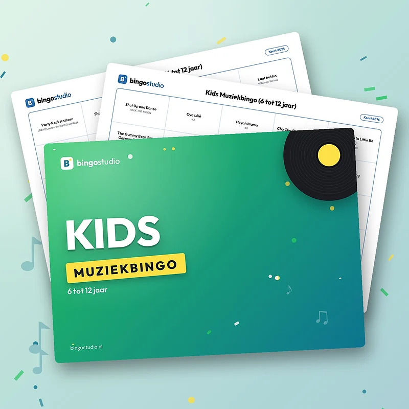 Kids Muziekbingo (6 tot 12 jaar): voorblad en bingokaarten