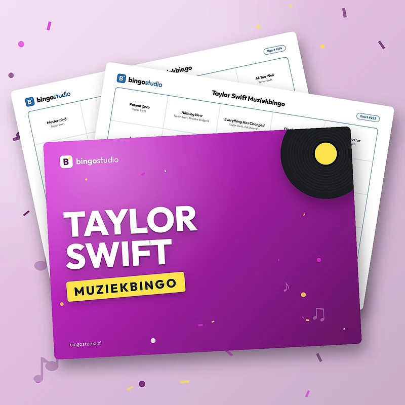 Taylor Swift Muziekbingo: voorblad en bingokaarten