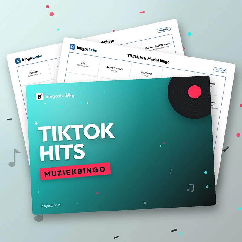 TikTok Hits Muziekbingo: voorblad en bingokaarten