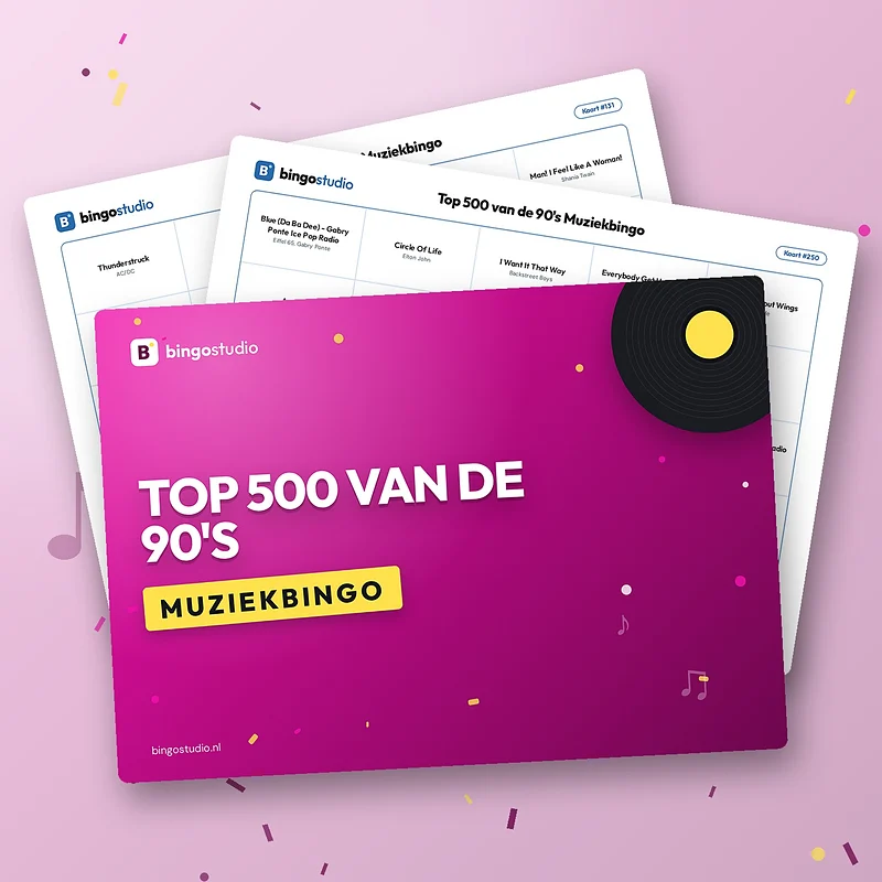 Top 500 van de 90's Muziekbingo: voorblad en bingokaarten